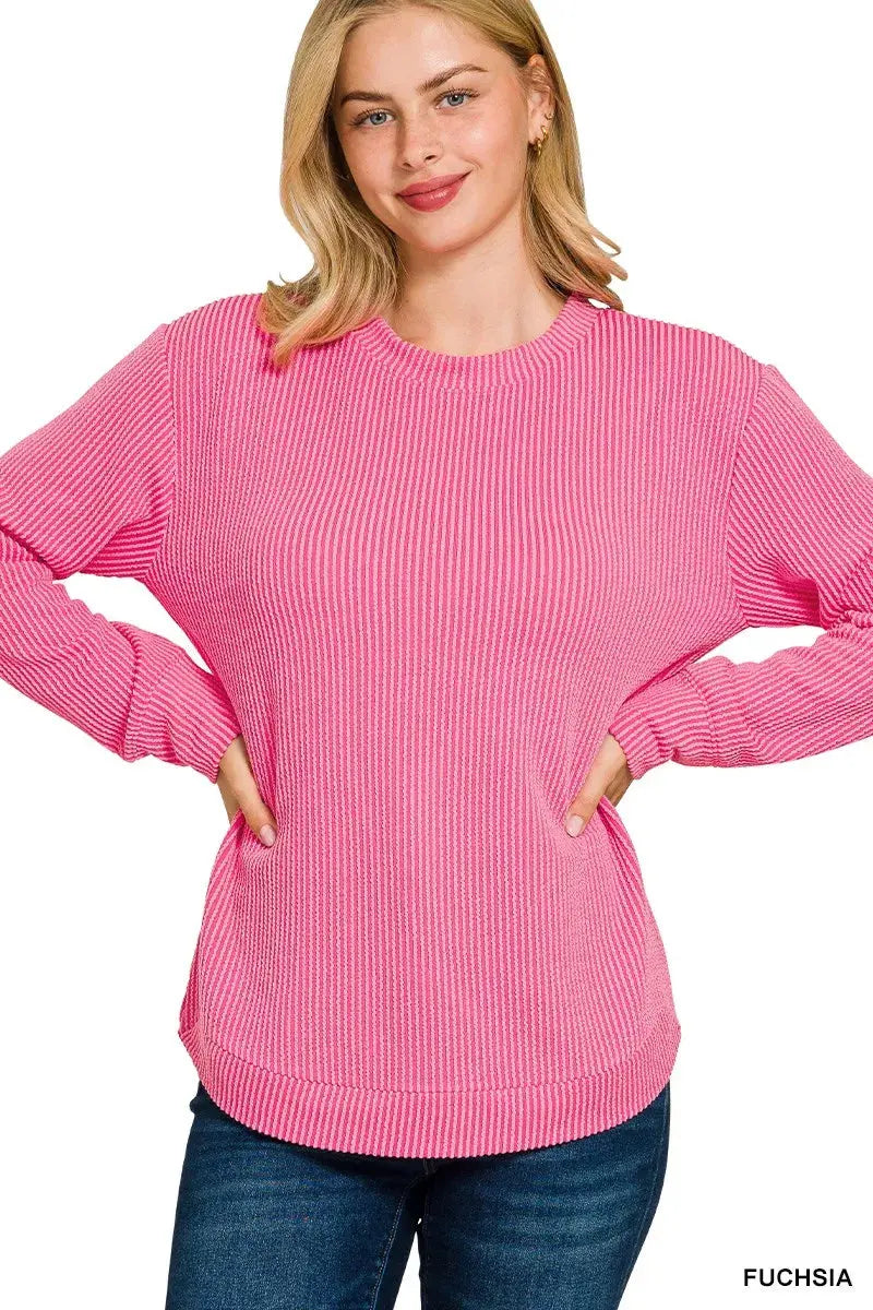Zenana Plus Size Raised Rib Round Neck Long Sleeve Top - Be Bliss Boutique