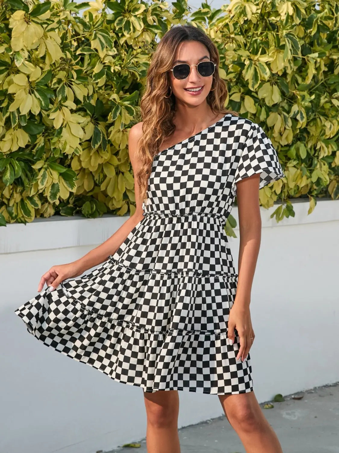 Checkered Single Shoulder Mini Dress - Be Bliss Boutique