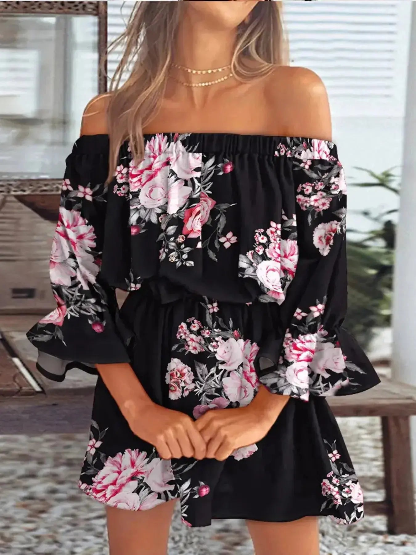 Full Size Floral Off Shoulder Mini Dress with Flounce Sleeves - Be Bliss Boutique