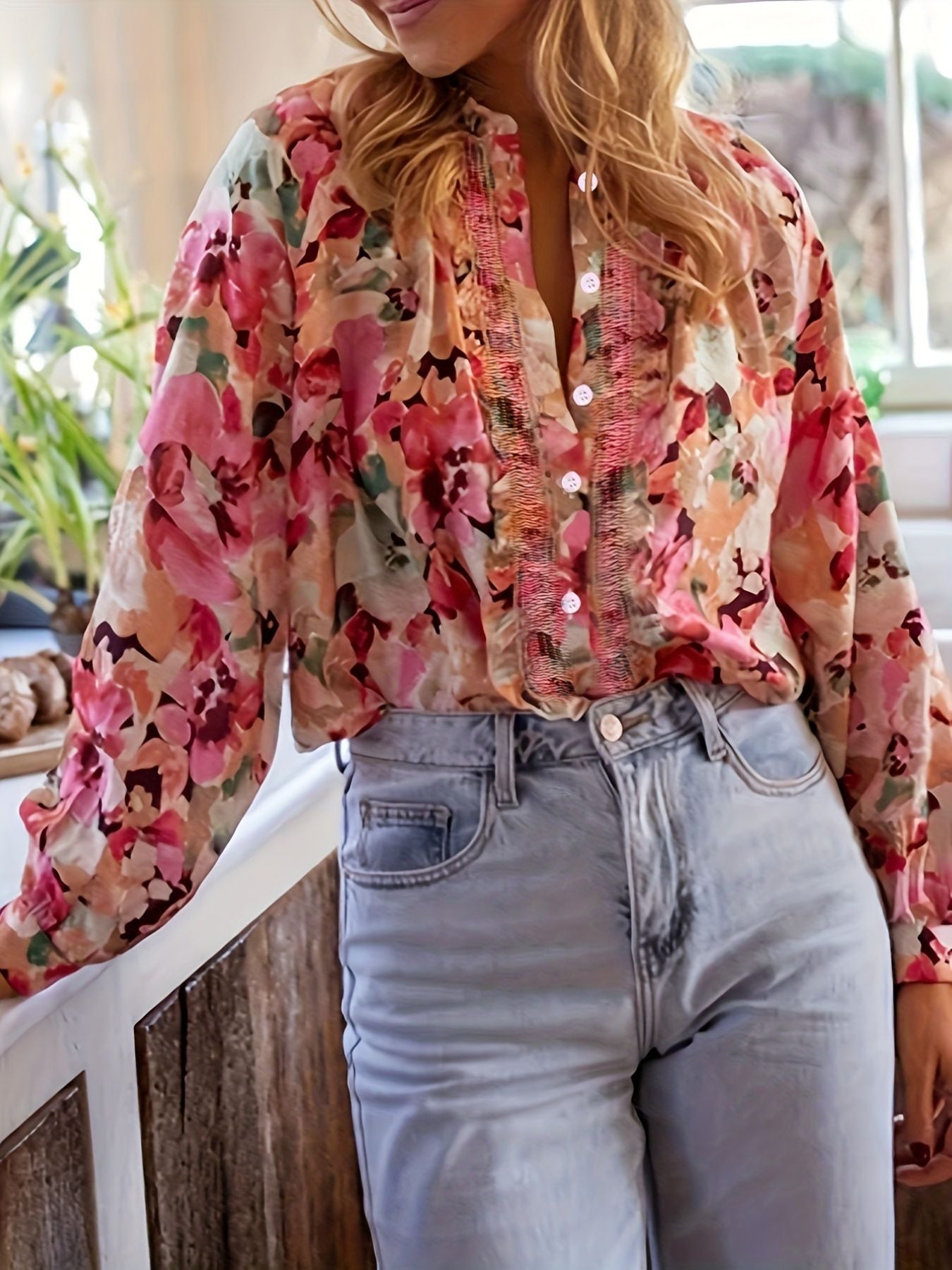 Women's Floral Print Frill Trim Shirt - Be Bliss Boutique