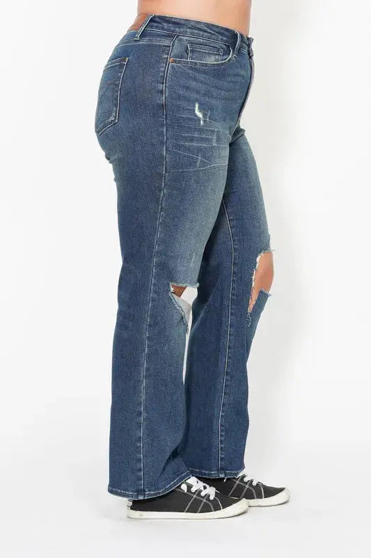 Full Size High Waist Ripped Knee Straight Leg Dad Judy Blue Jeans - Be Bliss Boutique