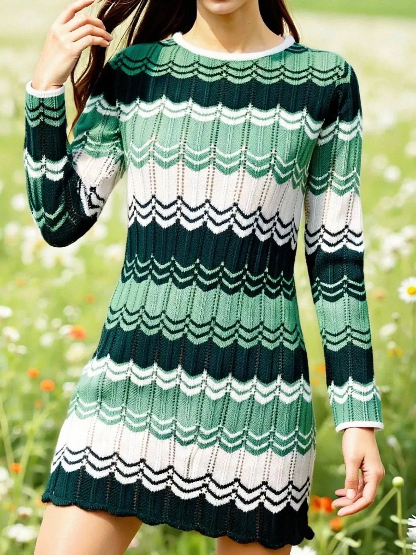 Openwork Wave Pattern Long Sleeve Sweater Dress - Be Bliss Boutique