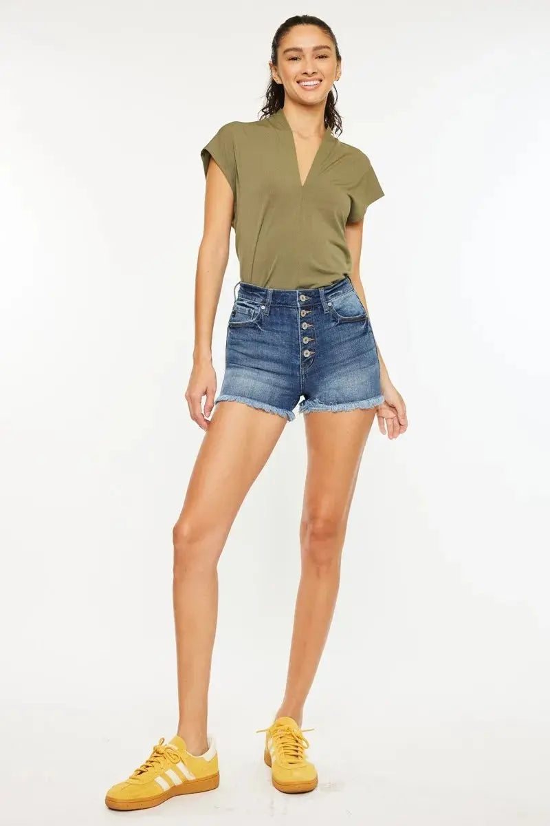 High Rise Frayed Hem Kancan Denim Shorts - Medium Wash - Be Bliss Boutique