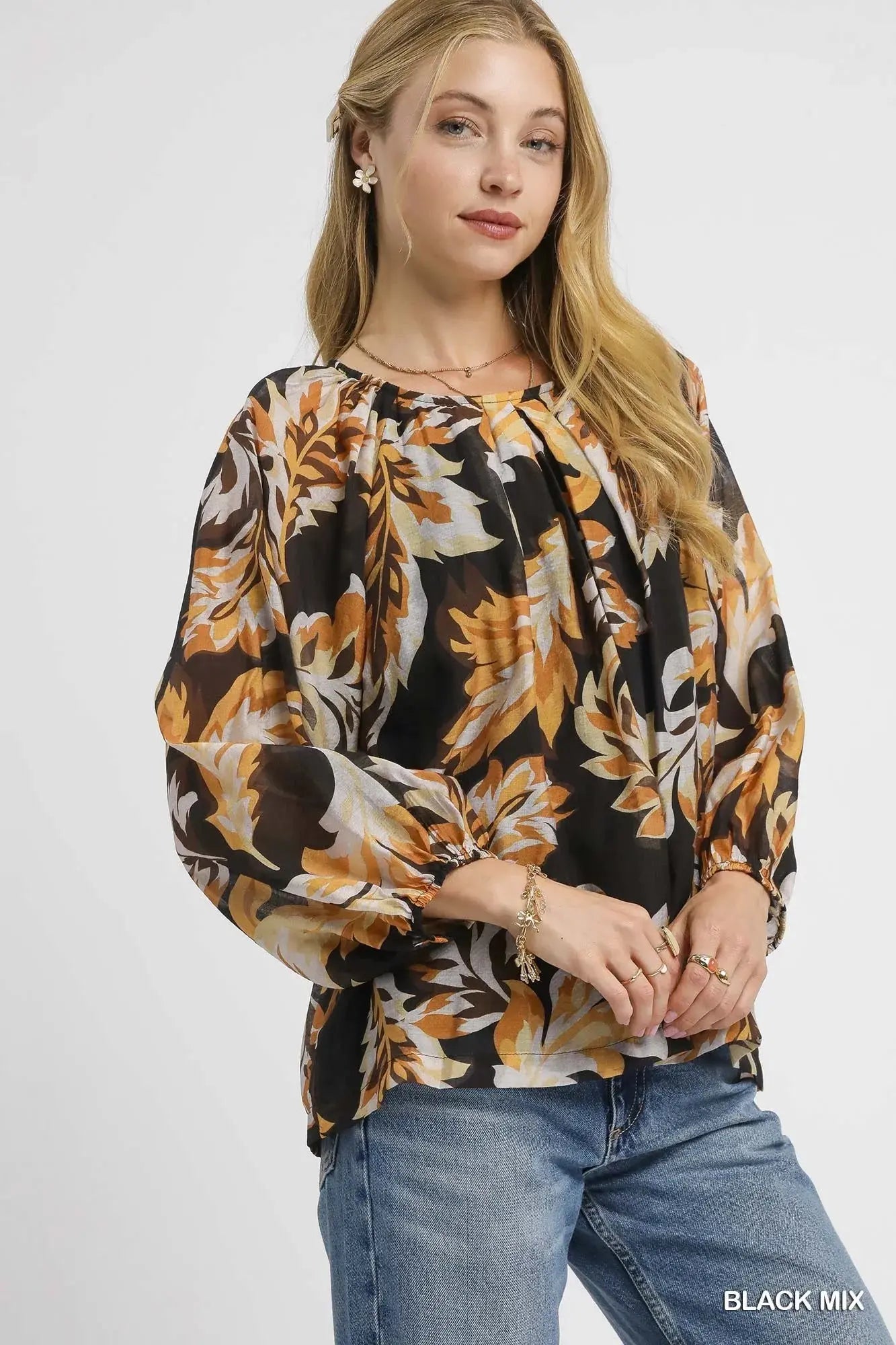 Umgee Autumn Leaf Print Balloon Sleeve Blouse - Be Bliss Boutique