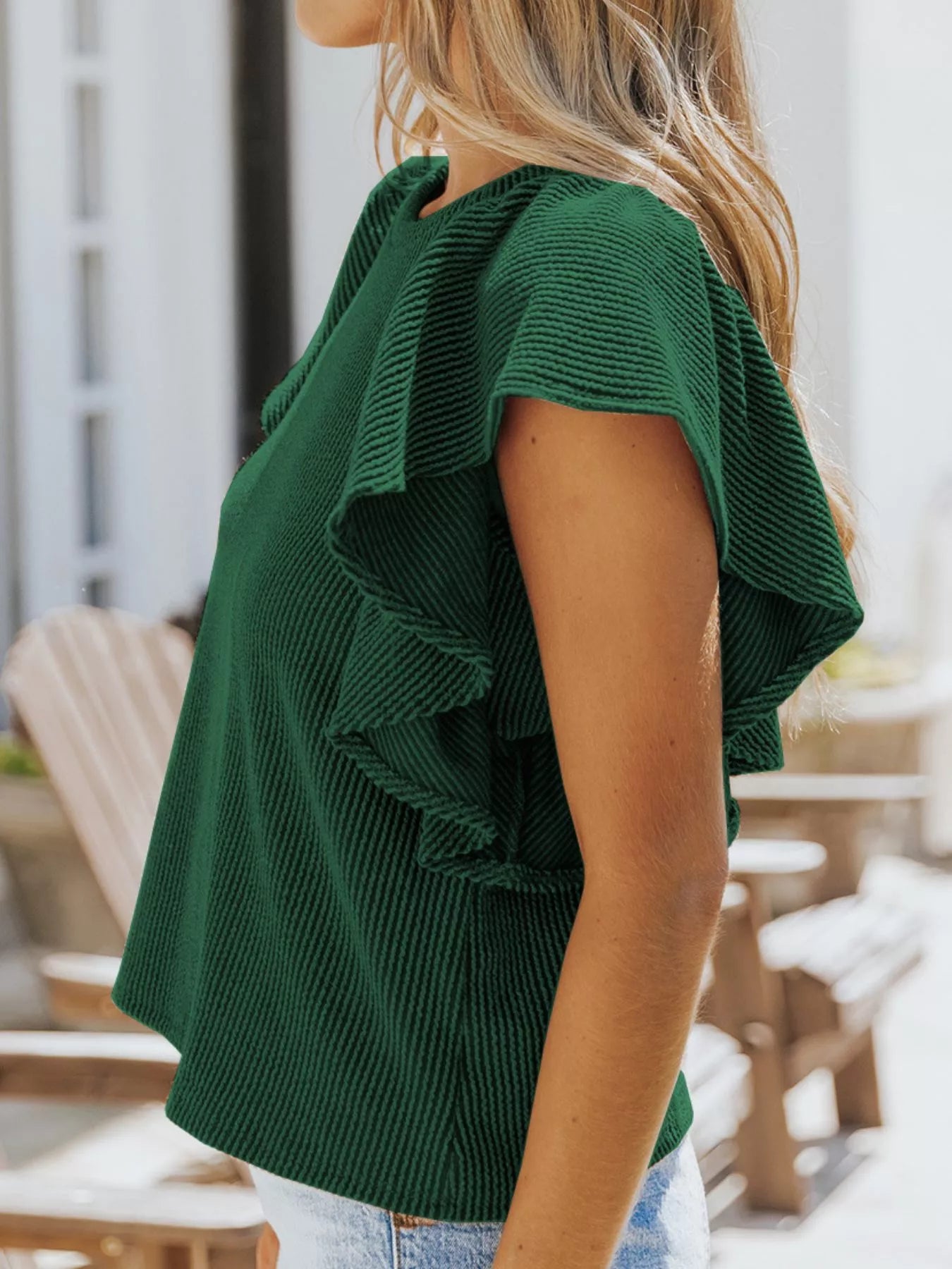 Full Size Ruffled Sleeve Ribbed Knit T Shirt - Be Bliss Boutique