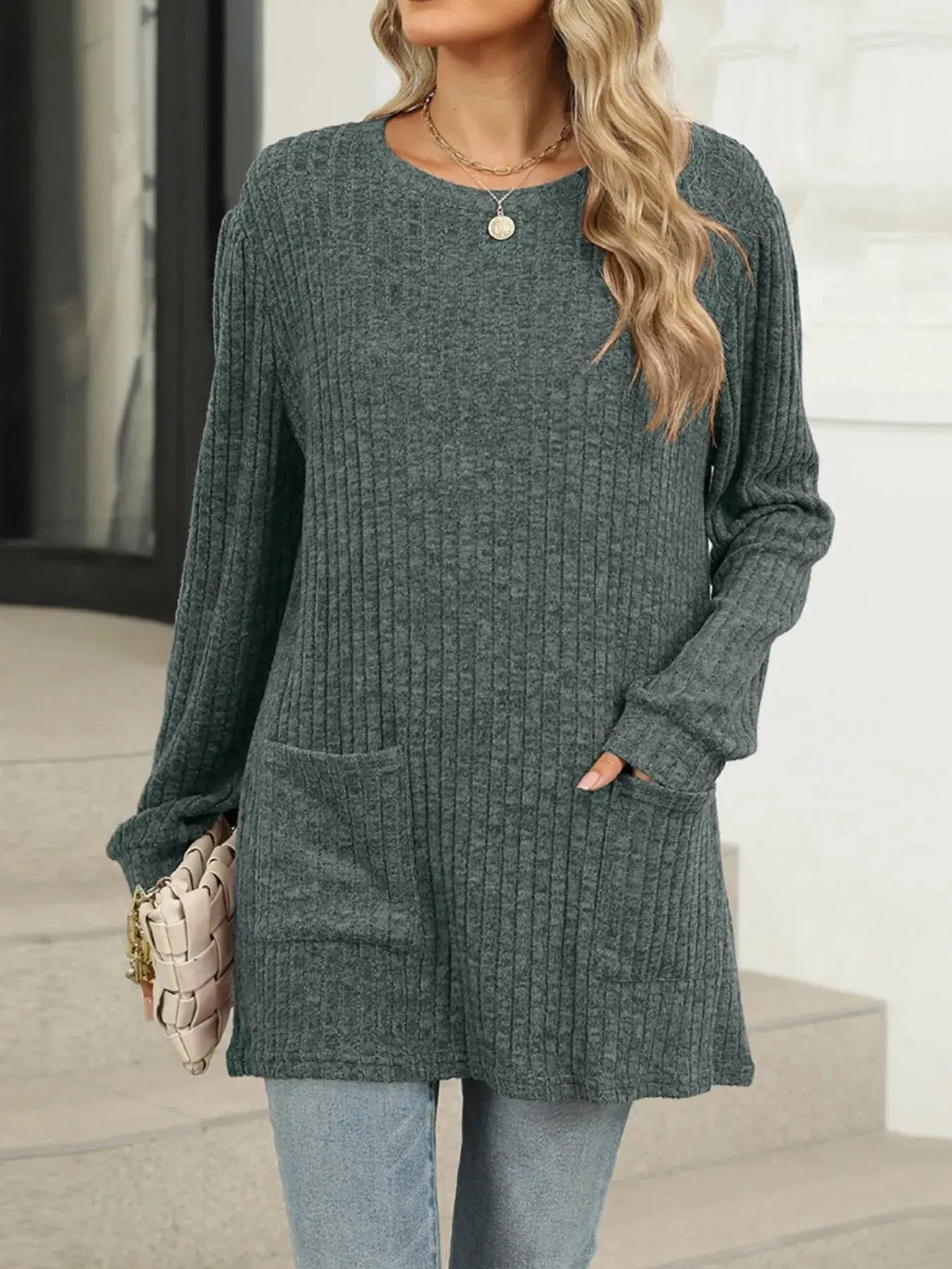 Cozy Ribbed Knit Long Sleeve Tunic Top with Pockets - Be Bliss Boutique
