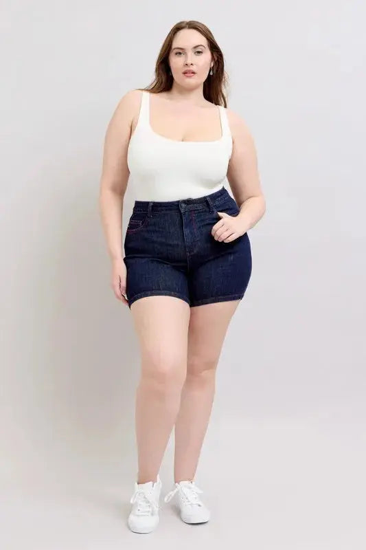 Judy Blue Jeans - Plus Size High Waist Heart Shaped Pockets Denim Shorts with Red Contrast Thread - Be Bliss Boutique