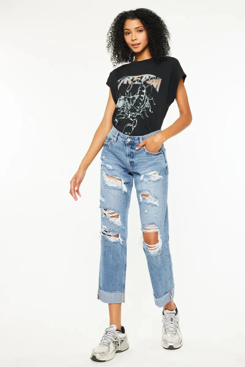 Mid Rise Distressed Kancan Boyfriend Jeans - Medium Wash - Be Bliss Boutique