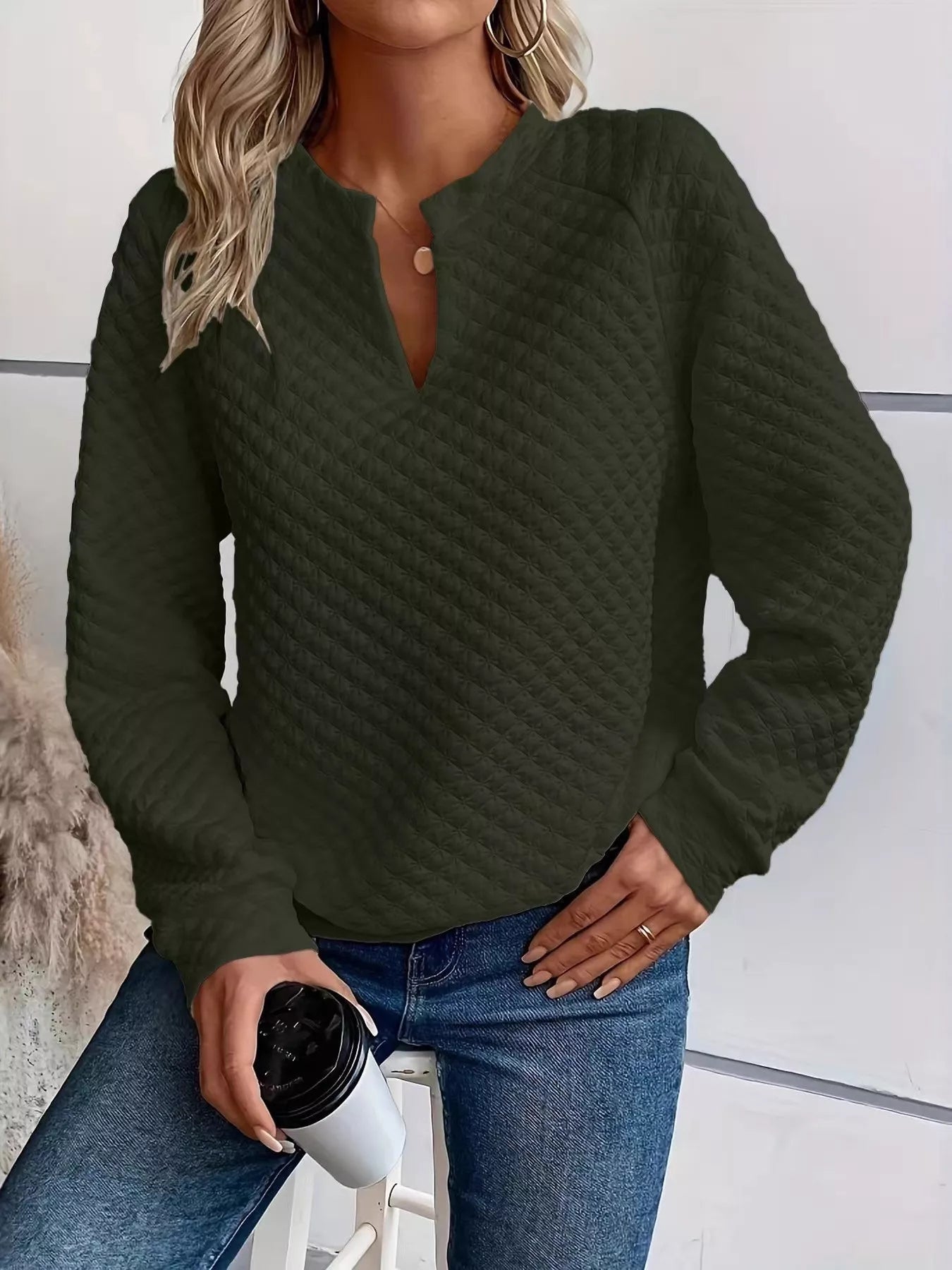 Notched Raglan Sleeve Sweatshirt -  Be Bliss Boutique
