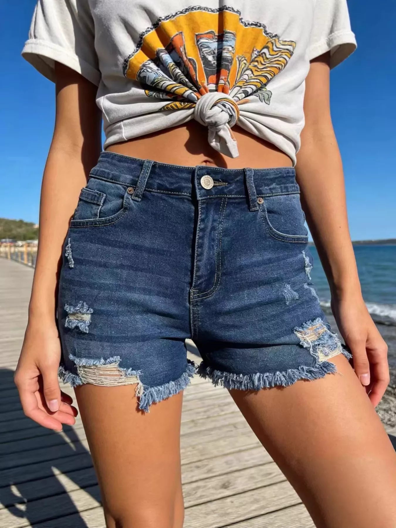 Distressed Frayed Hem Denim Shorts - Be Bliss Boutique