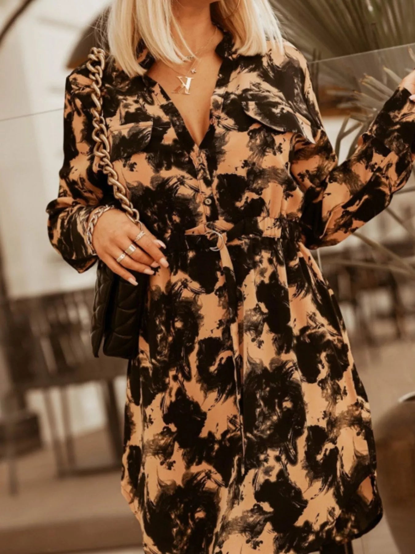 Printed Button Front Long Sleeve Dress - Be Bliss Boutique
