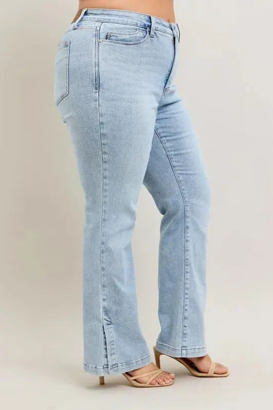 Judy Blue Full Size/Plus Size Tummy Control Vintage Wash Side Slit Slim Boot Jeans - Be Bliss Boutique