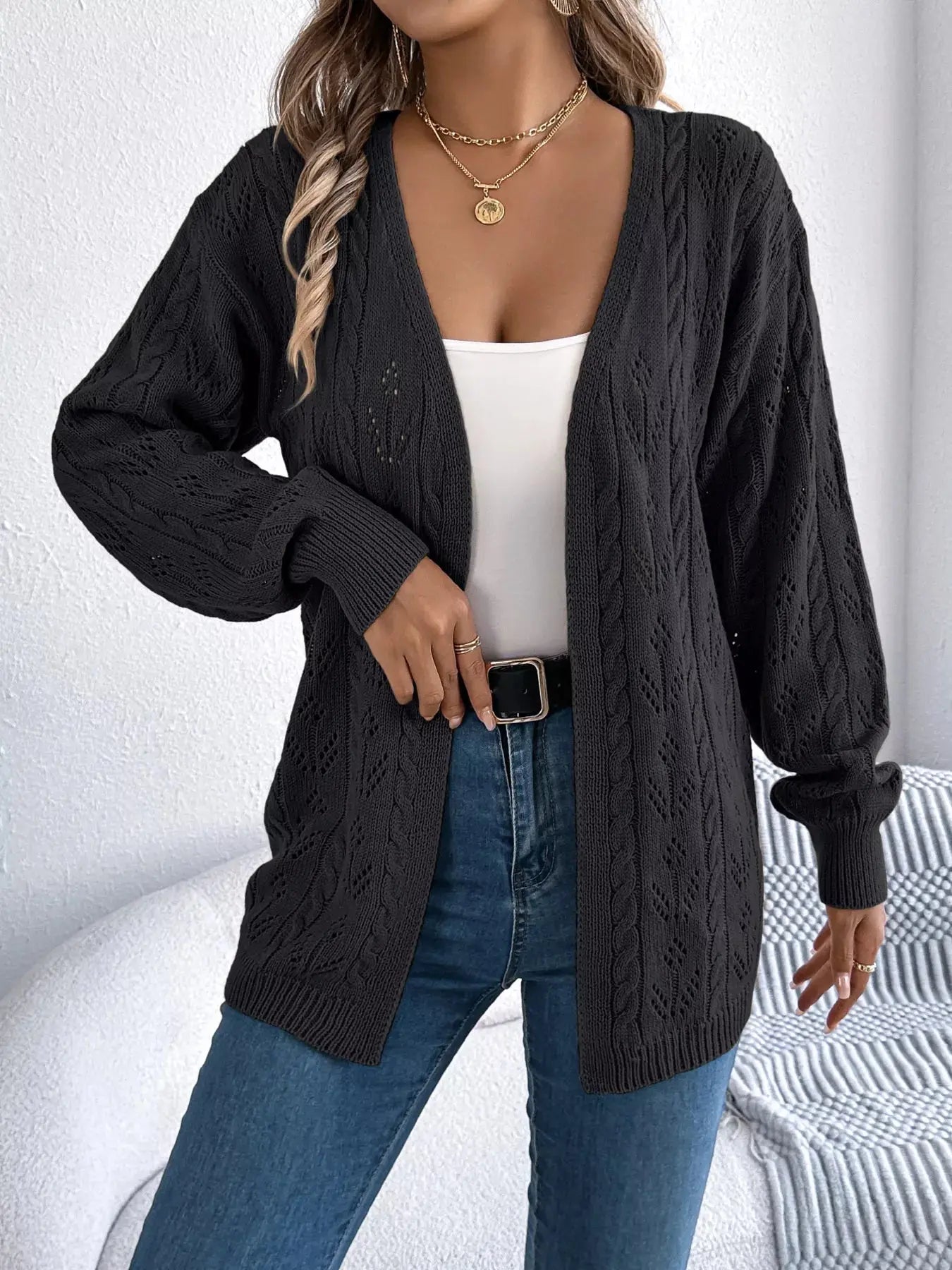Openwork Open Front Long Sleeve Cardigan - Be Bliss Boutique