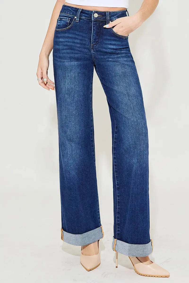 Full Size Tummy Control High Rise Wide Leg Cuffed RISEN Jeans - Be Bliss Boutique