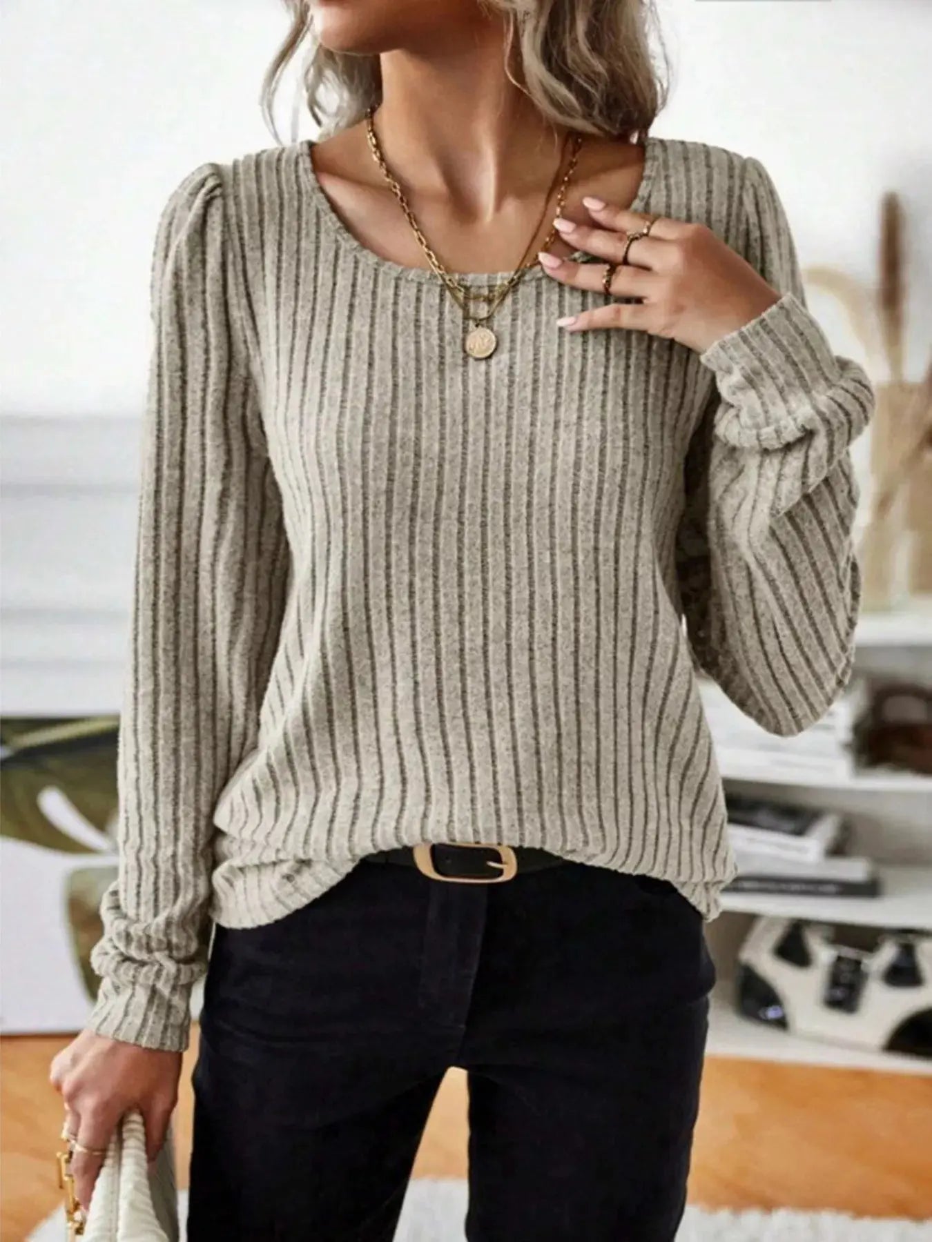 Ribbed Knit Long Sleeve T Shirt - Be Bliss Boutique