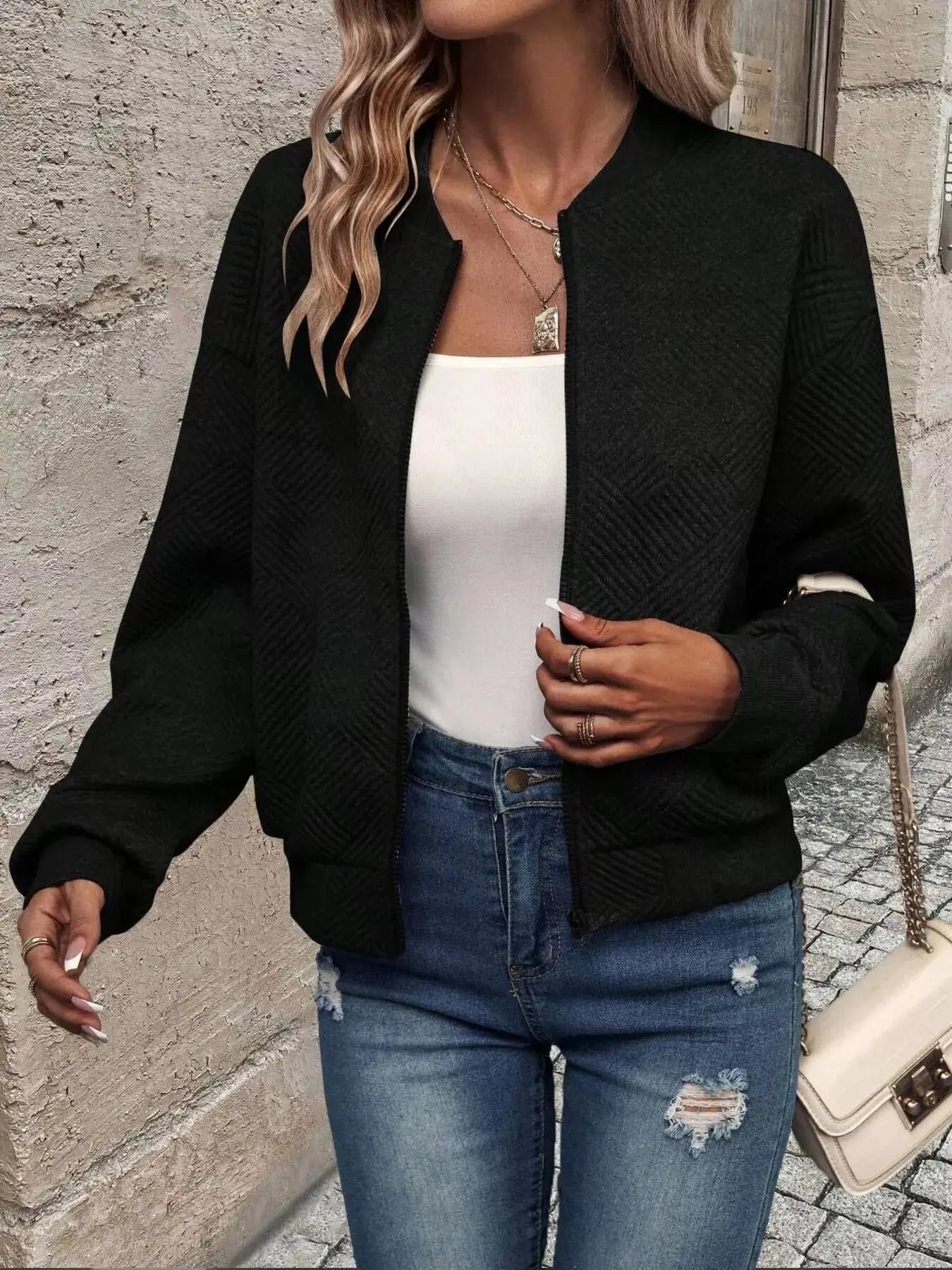 Texture Zip Up Bomber Jacket - Be Bliss Boutique