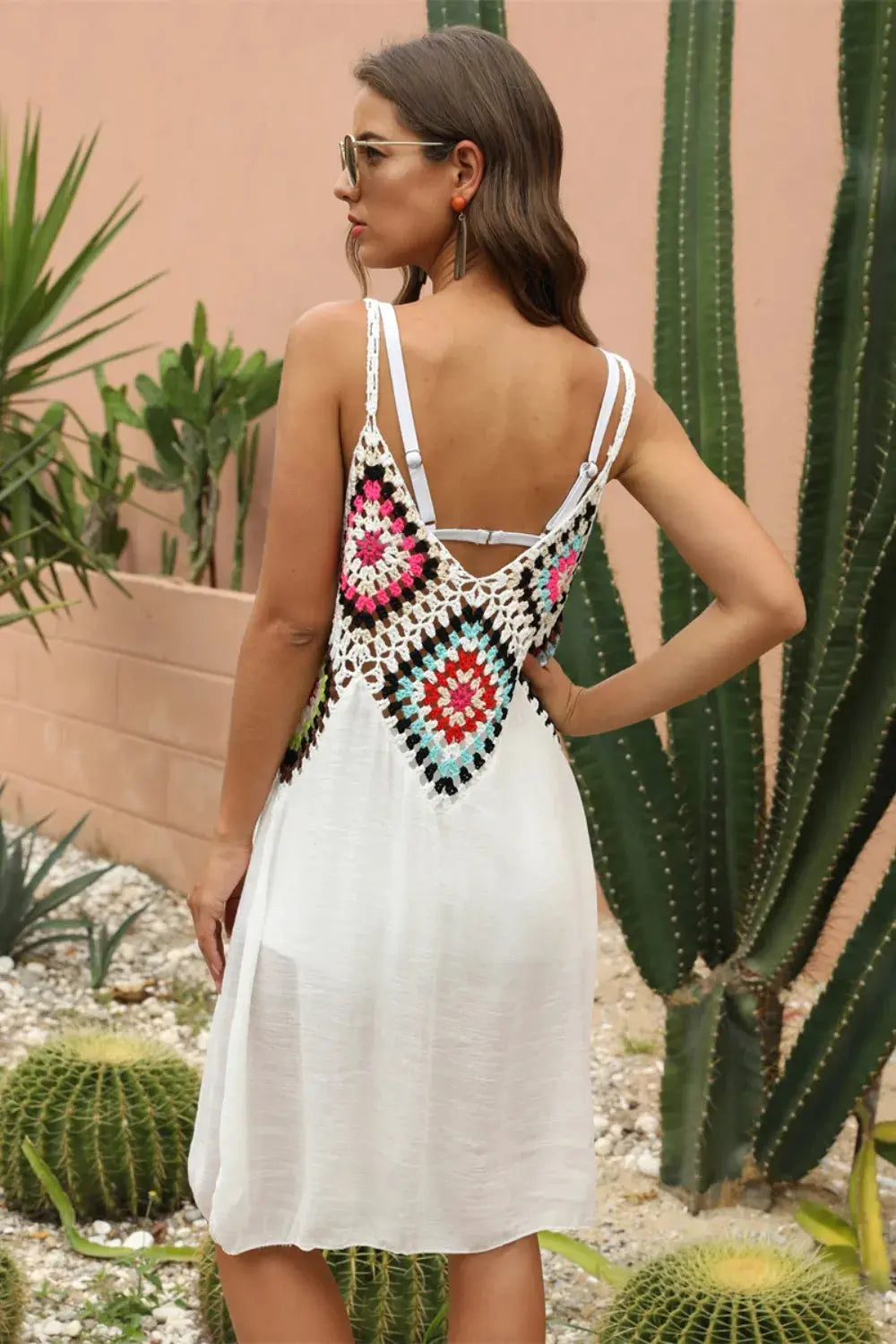 Crochet Geometric V-Neck Spaghetti Strap Cover Up Dress - Be Bliss Boutique