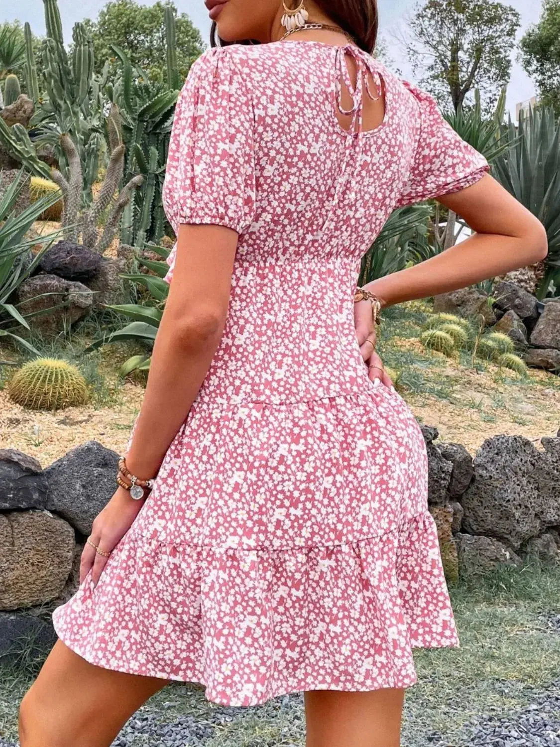 Floral Puff Sleeve Mini Wrap Dress – Pink Ditsy Ruffle Hem - Be Bliss Boutique