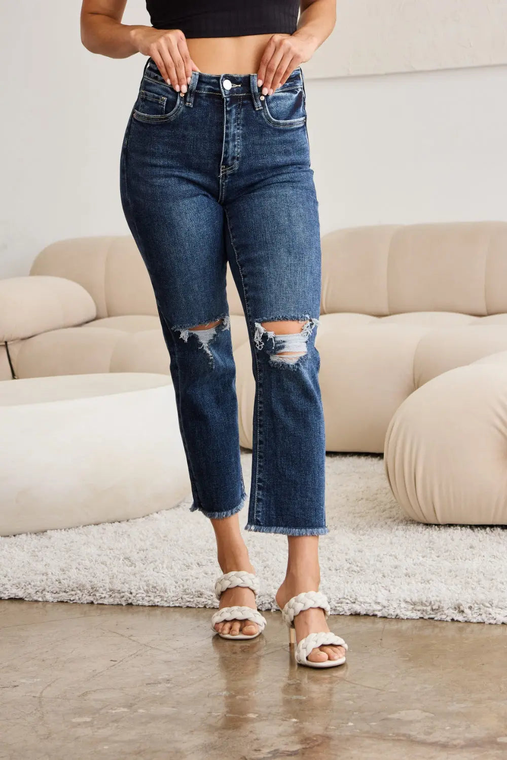 Full Size Tummy Control Distressed High Waist Raw Hem Jeans - Be Bliss Boutique