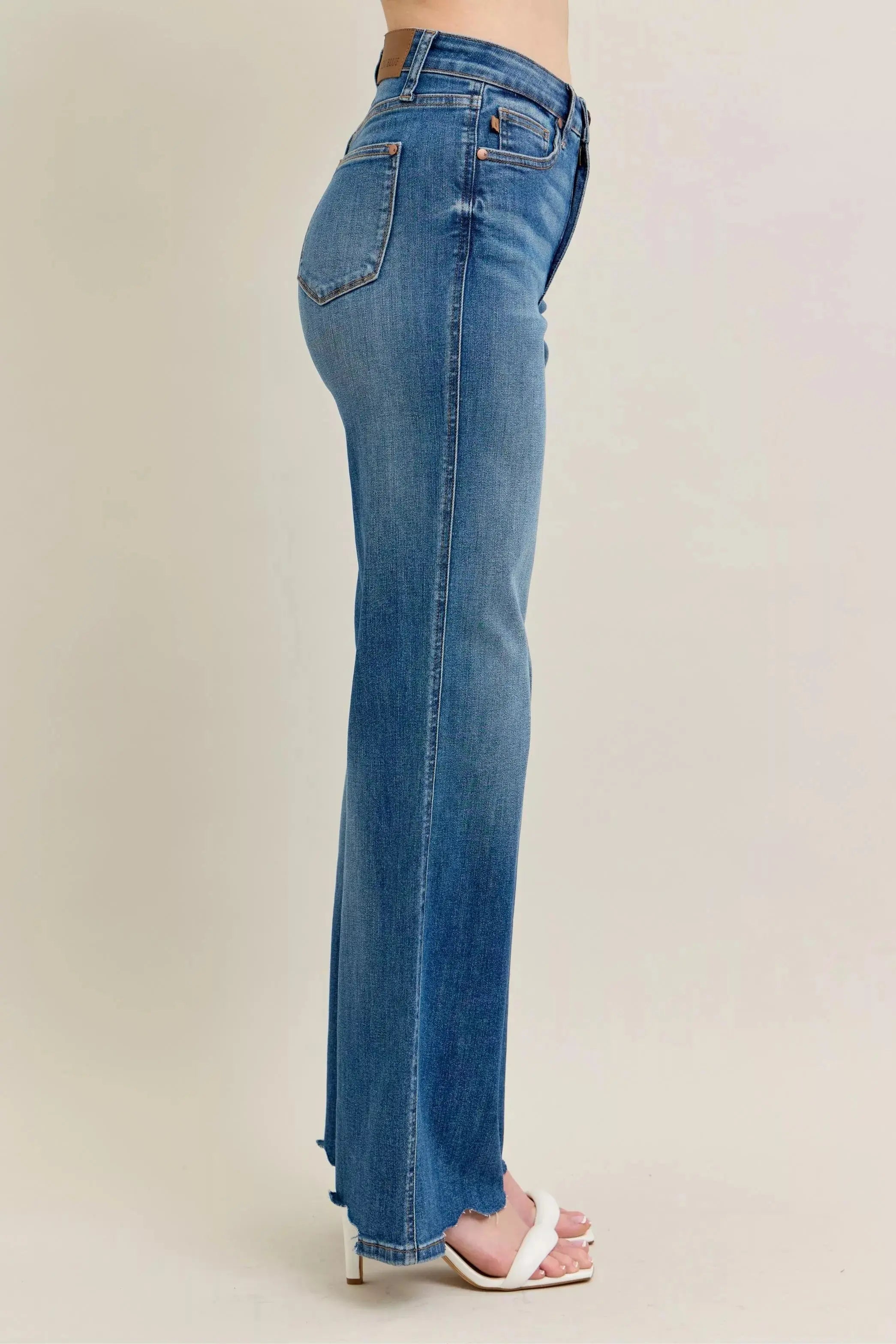 Judy Blue Full Size High Waist Tummy Control Destroy Wide Leg Jeans with Chew Hem - Be Bliss Boutique