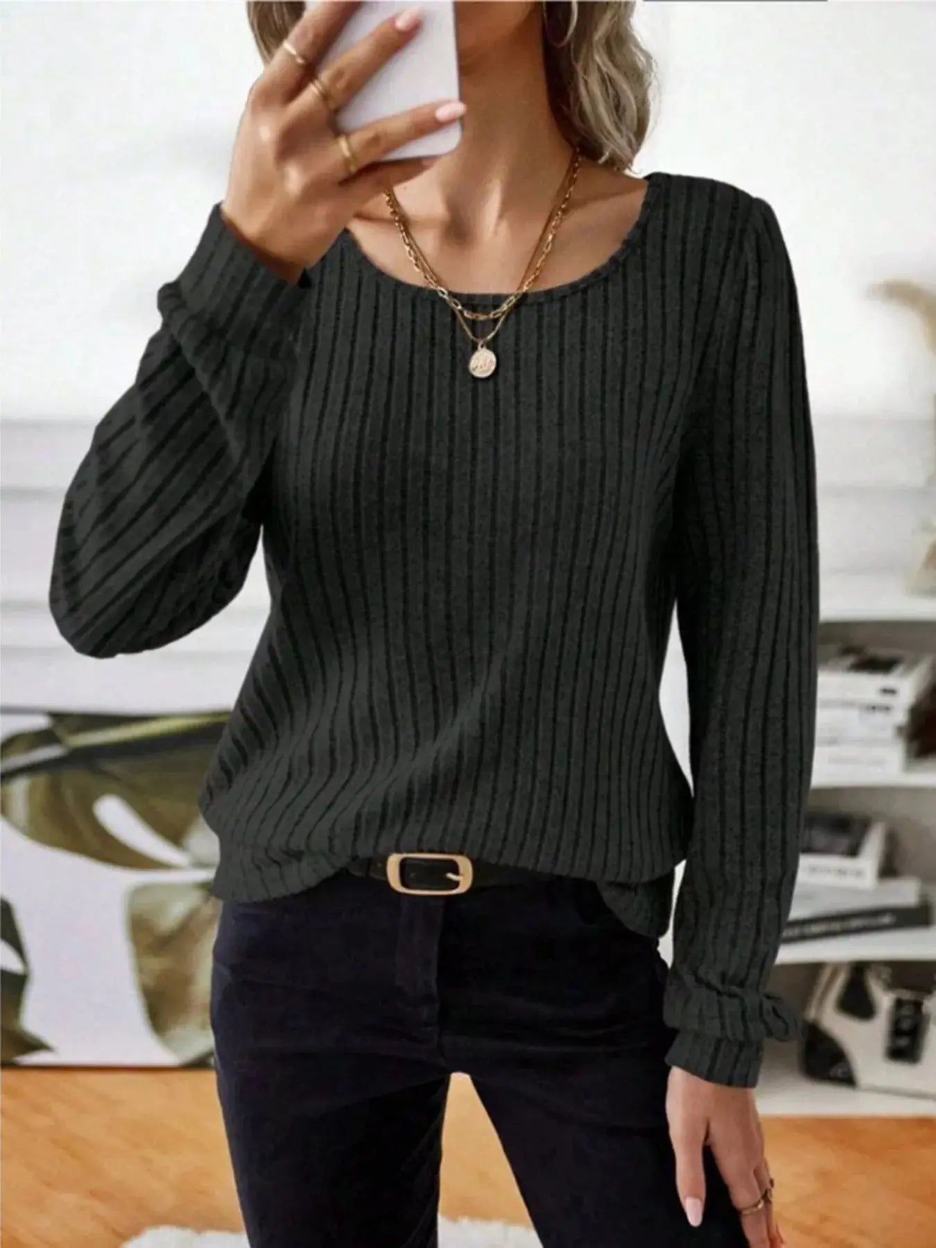 Ribbed Knit Long Sleeve T Shirt - Be Bliss Boutique