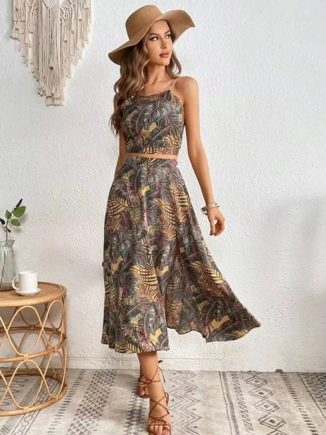 Tropical Leaf Print Two Piece Midi Skirt Set - Be Bliss Boutique