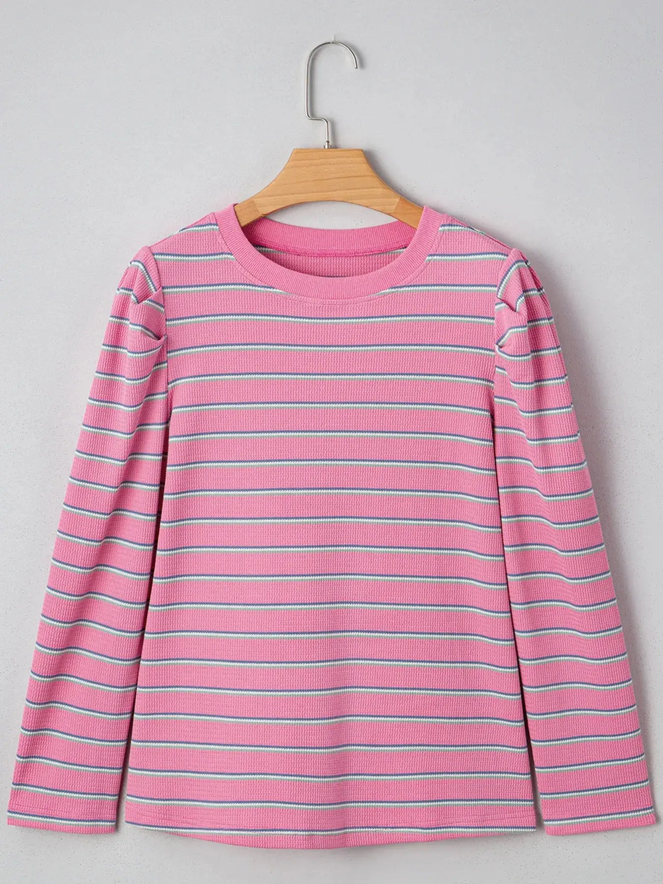 Striped Round Neck Textured Knit Long Sleeve Top - Be Bliss Boutique