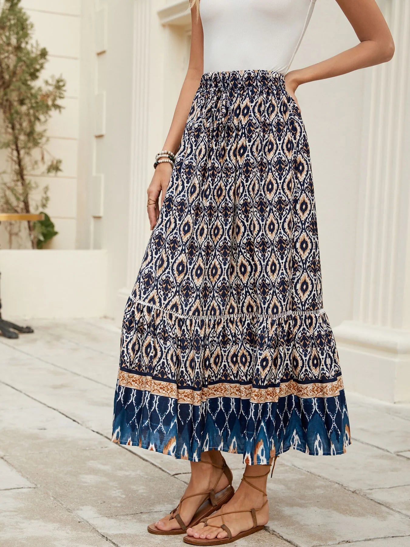 Printed Ruched Bohemian Maxi Skirt - Be Bliss Boutique