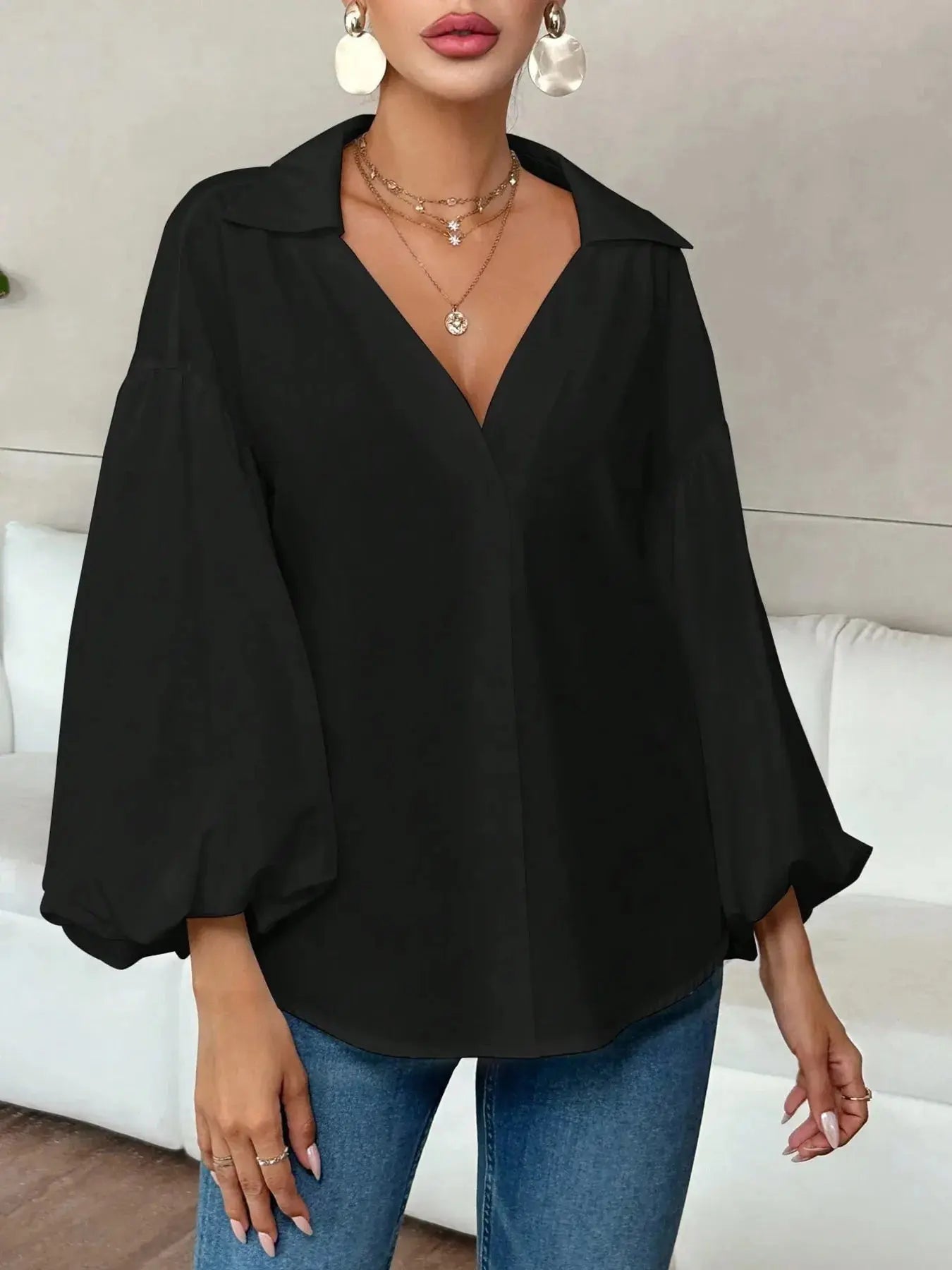 Oversized Polka Dot Balloon Sleeve Blouse - Be Bliss Boutique