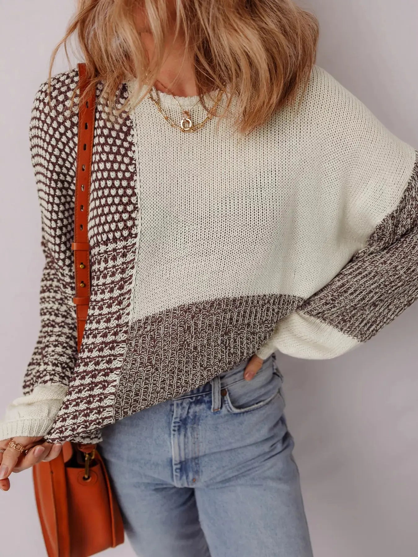 Color Block Loose Back Tie Drop Shoulder Sweater - Be Bliss Boutique