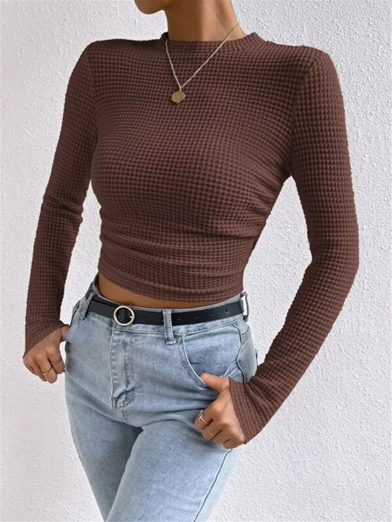 Waffle Knit Long Sleeve T Shirt - Be Bliss Boutique