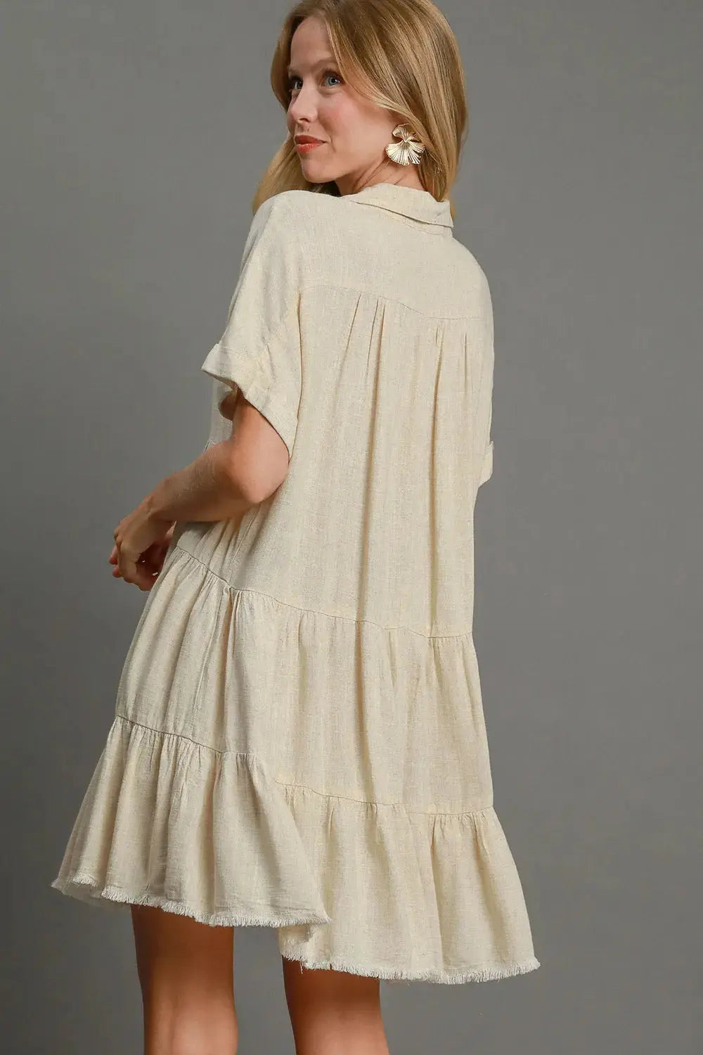Umgee Full Size Raw Hem Folded Sleeve Womens Tiered Dress (Oatmeal) - Be Bliss Boutique
