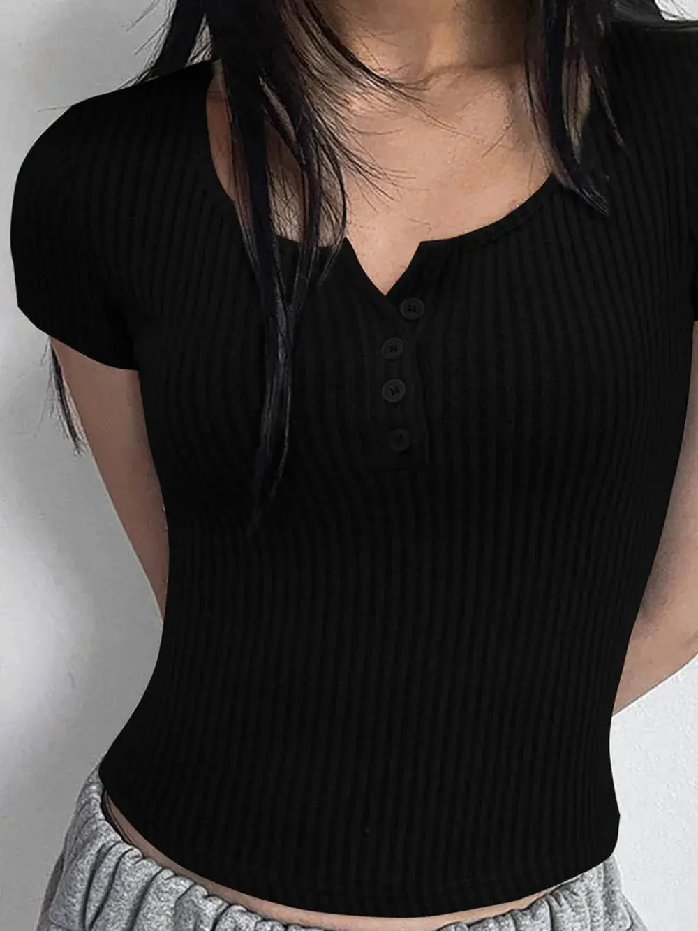 Ribbed Button Detail Round Neck Short Sleeve T Shirt - Be Bliss Boutique