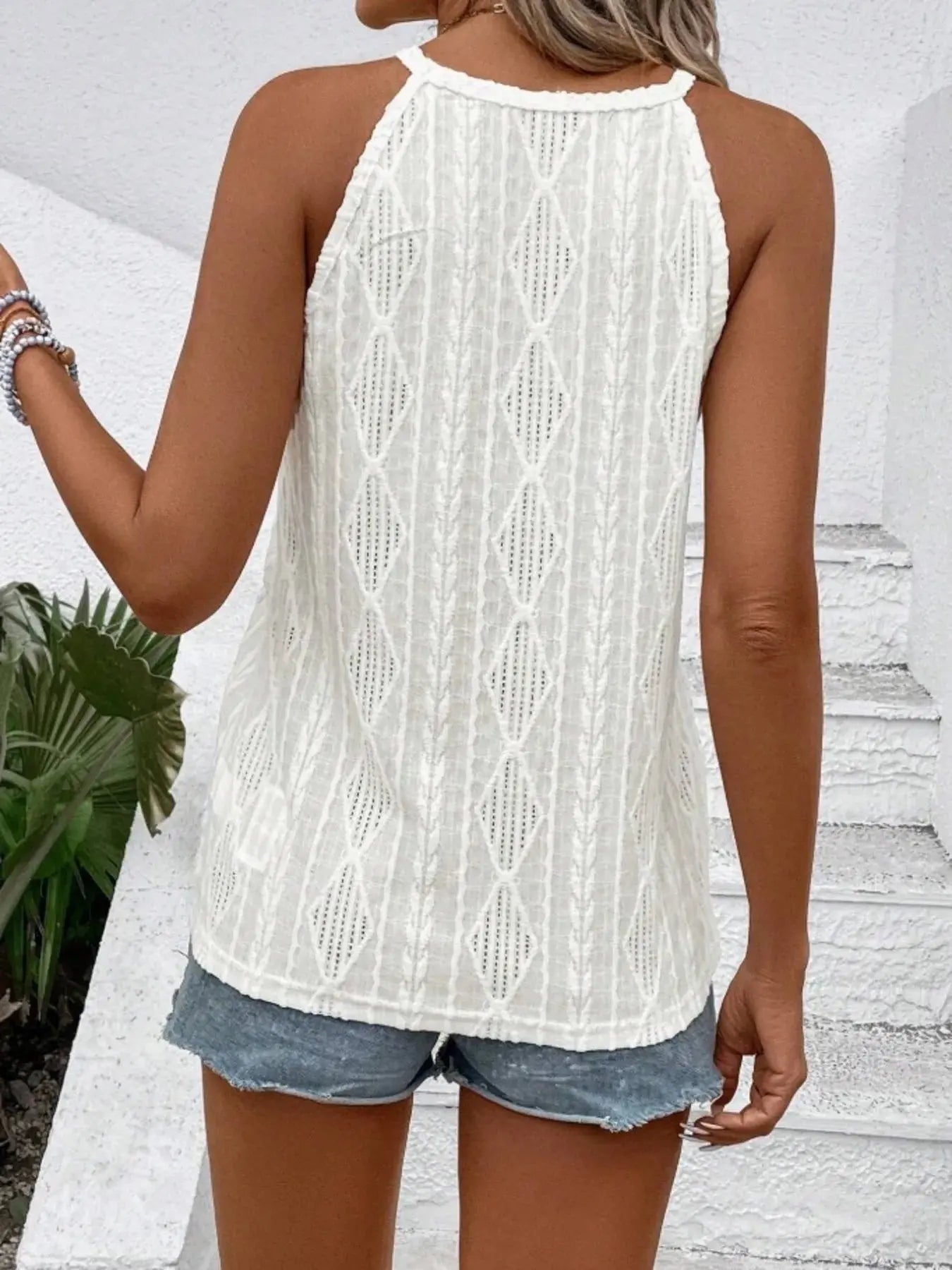 Round Neck Eyelet Textured Tank Top - Be Bliss Boutique