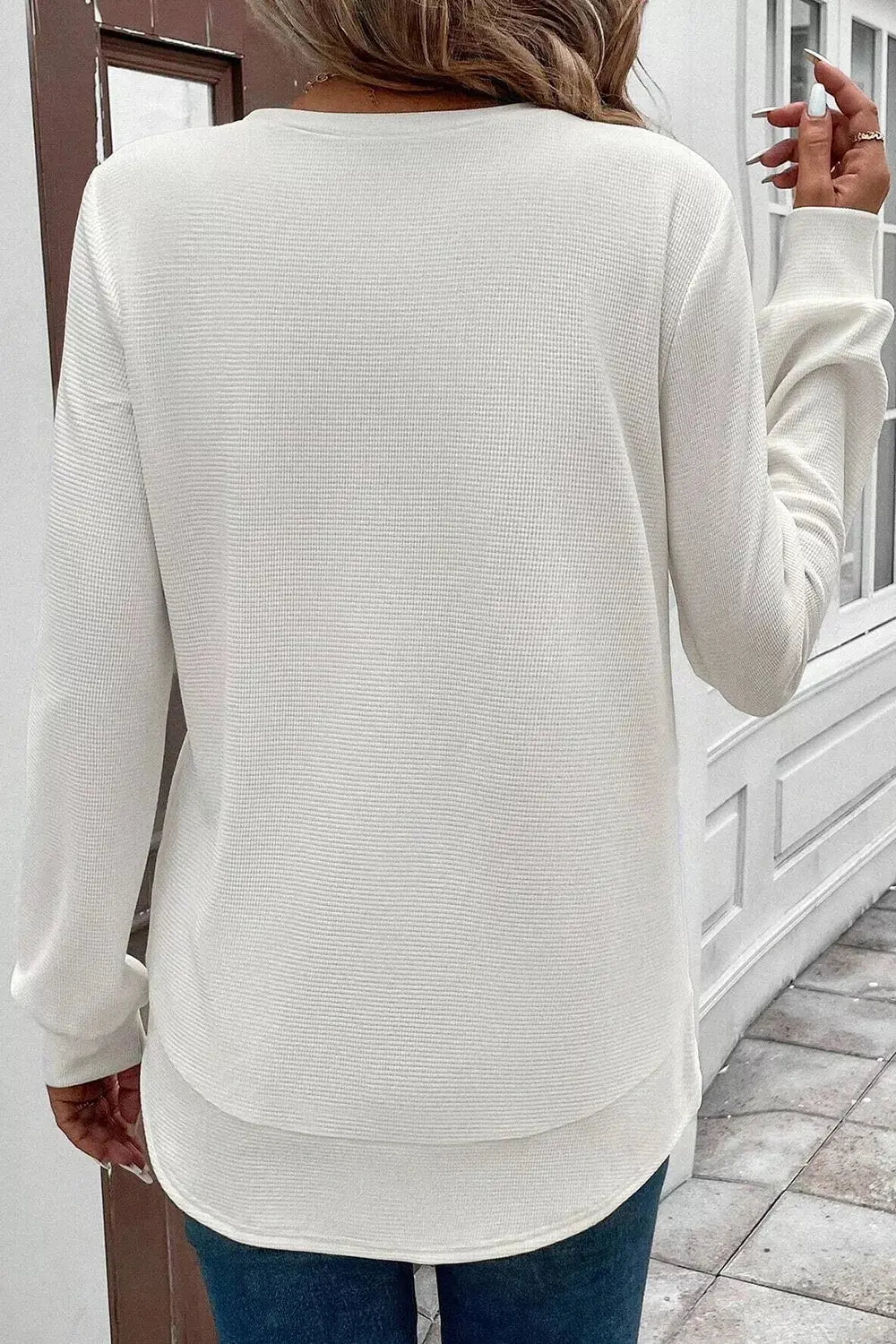 Rounded Neck Long Sleeve Waffle Knit Top - Be Bliss Boutique