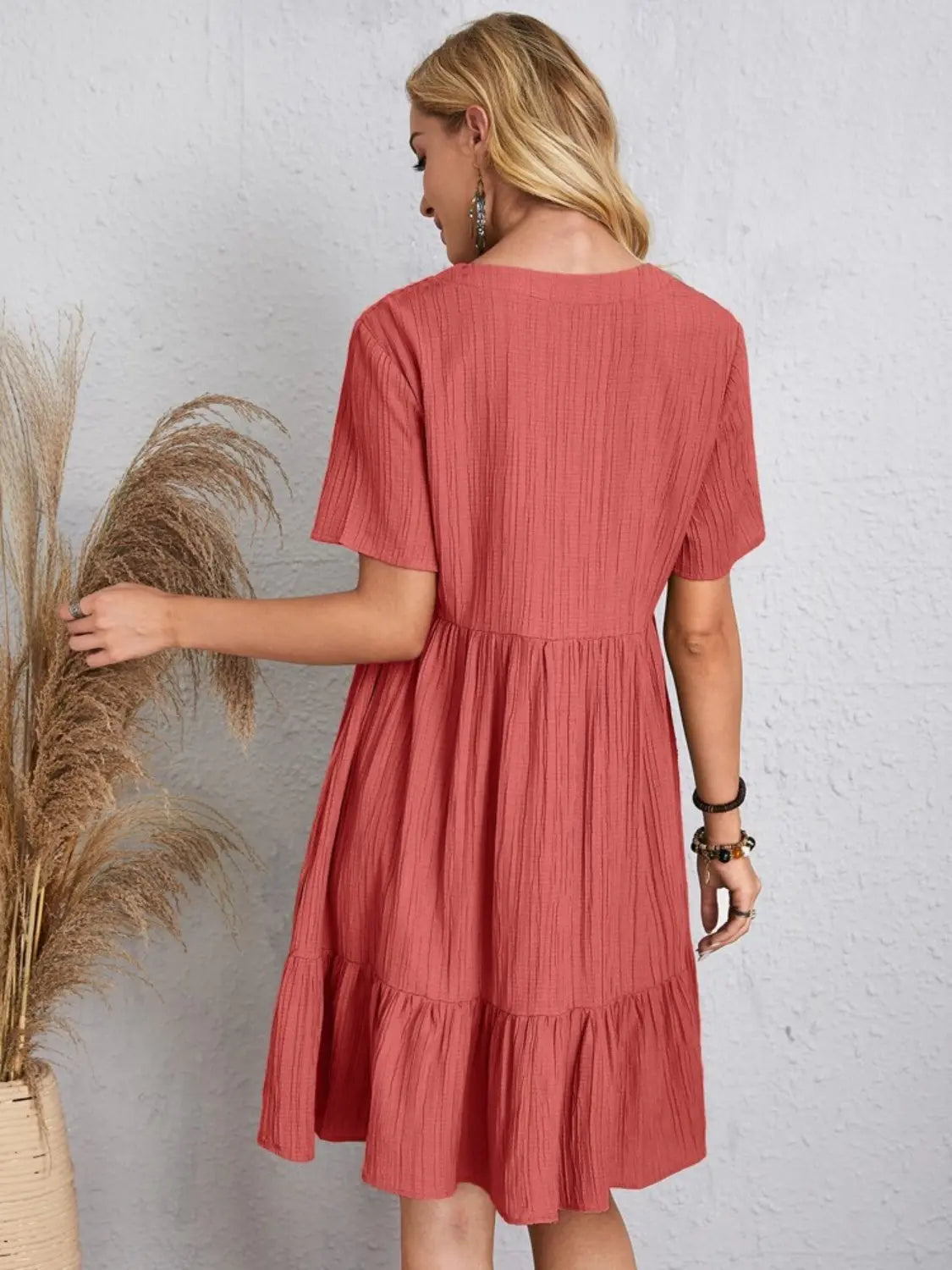 Boho Textured V-Neck Short Sleeve Babydoll Dress - Be Bliss Boutique