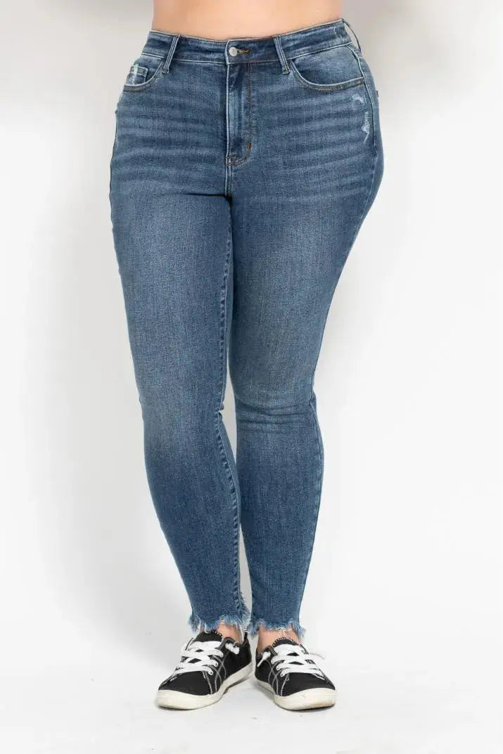 Plus Size High Waist Skinny Judy Blue Jeans with Destroy & Shark Bit Hem - Be Bliss Boutique