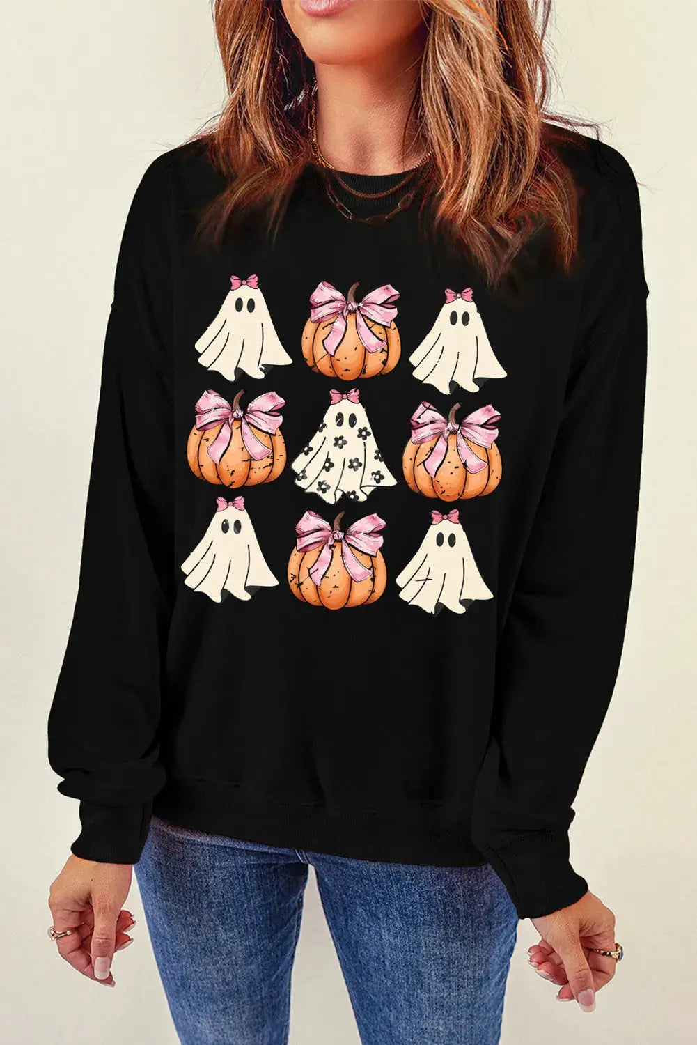 Black Pumpkin & Ghost Round Neck Long Sleeve Halloween Sweatshirt - Be Bliss Boutique