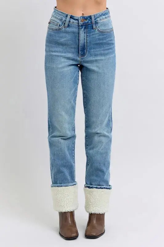 Plus Size High Waist Shearling Cuff Straight Leg Judy Blue Jeans - Be Bliss Boutique