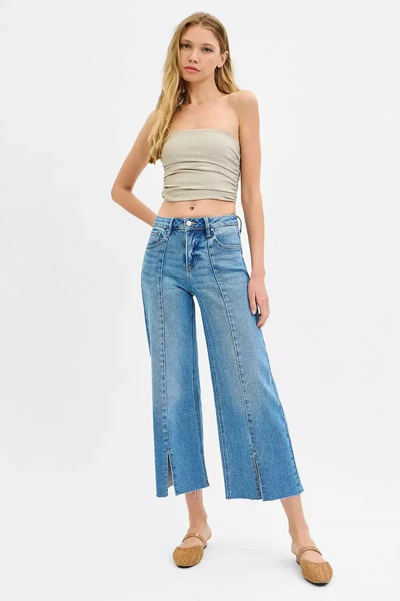 RISEN Jeans - Tummy Control Mid Rise Crop Wide Front Slit Jeans - Be Bliss Boutique