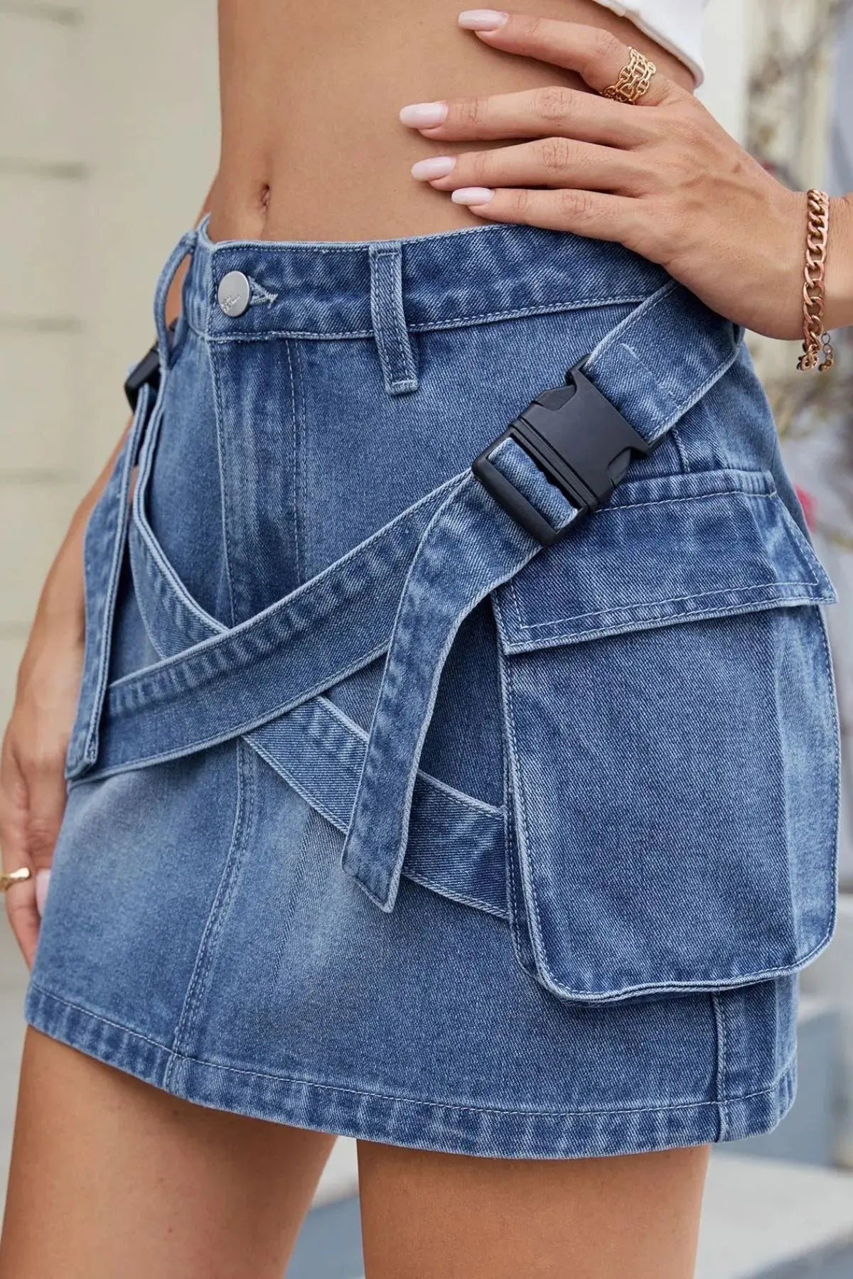Criss-Cross Waist Pocketed Denim Mini Skirt - Be Bliss Boutique