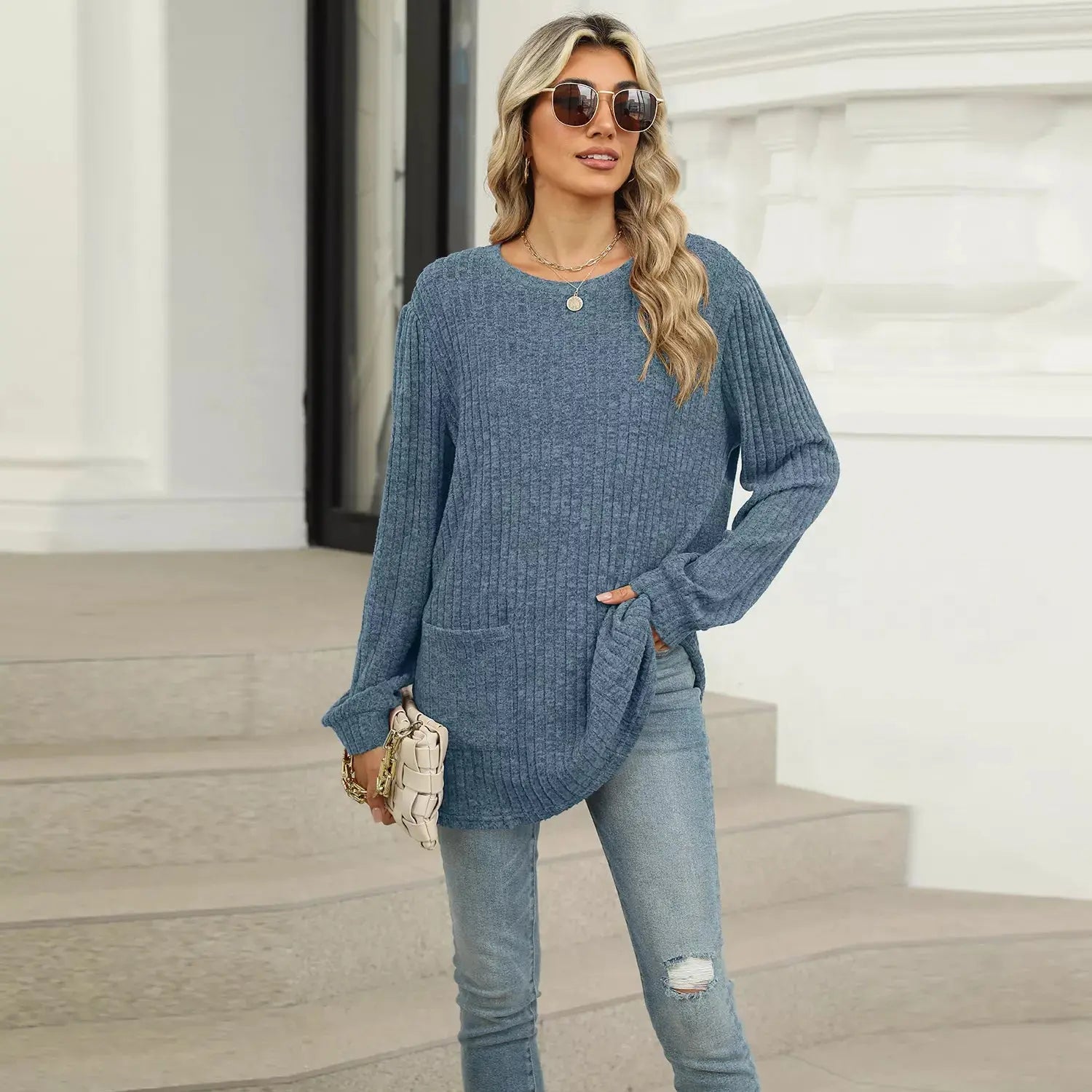 Cozy Ribbed Knit Long Sleeve Tunic Top with Pockets - Be Bliss Boutique