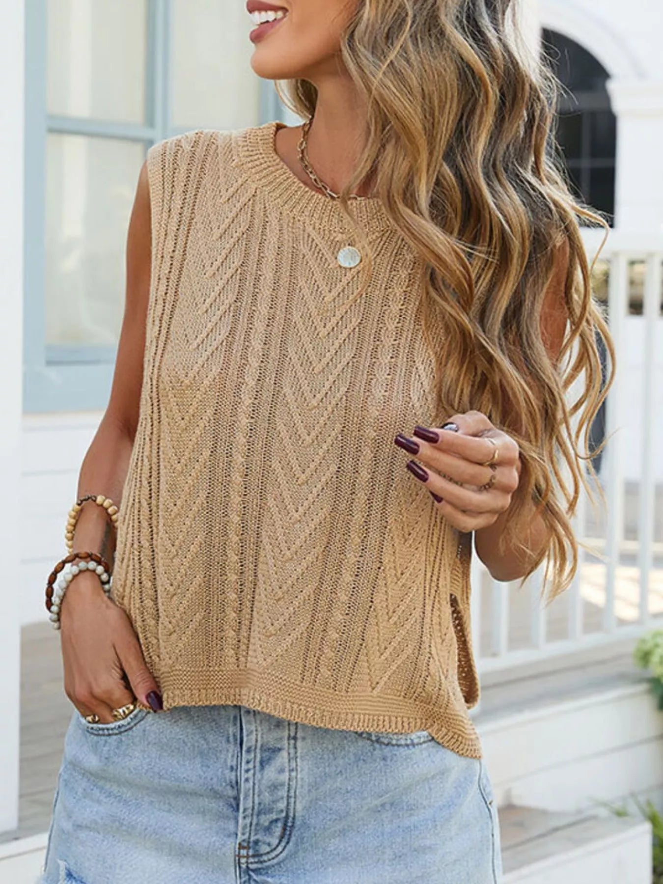 Cable Knit Round Neck Sweater Vest - Be Bliss Boutique