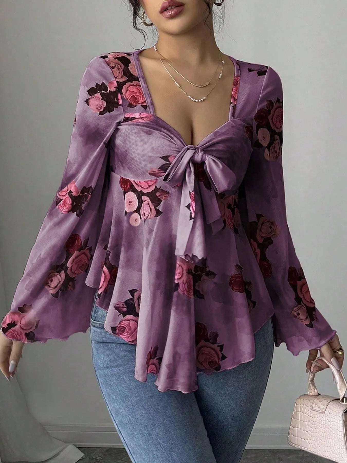 Floral Tie Front Flare Sleeve Blouse -  Be Bliss Boutique