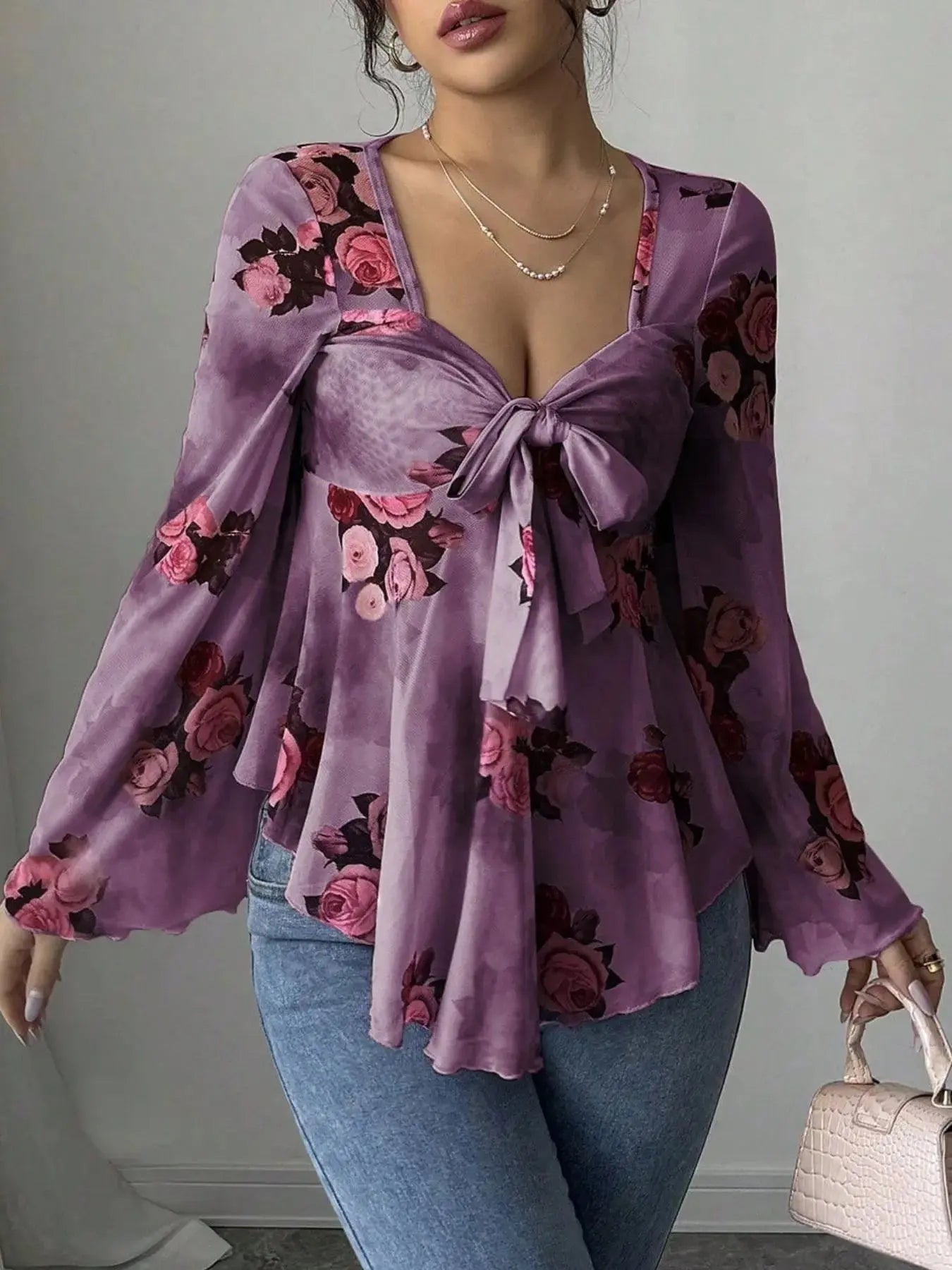 Floral Tie Front Flare Sleeve Blouse - Be Bliss Boutique