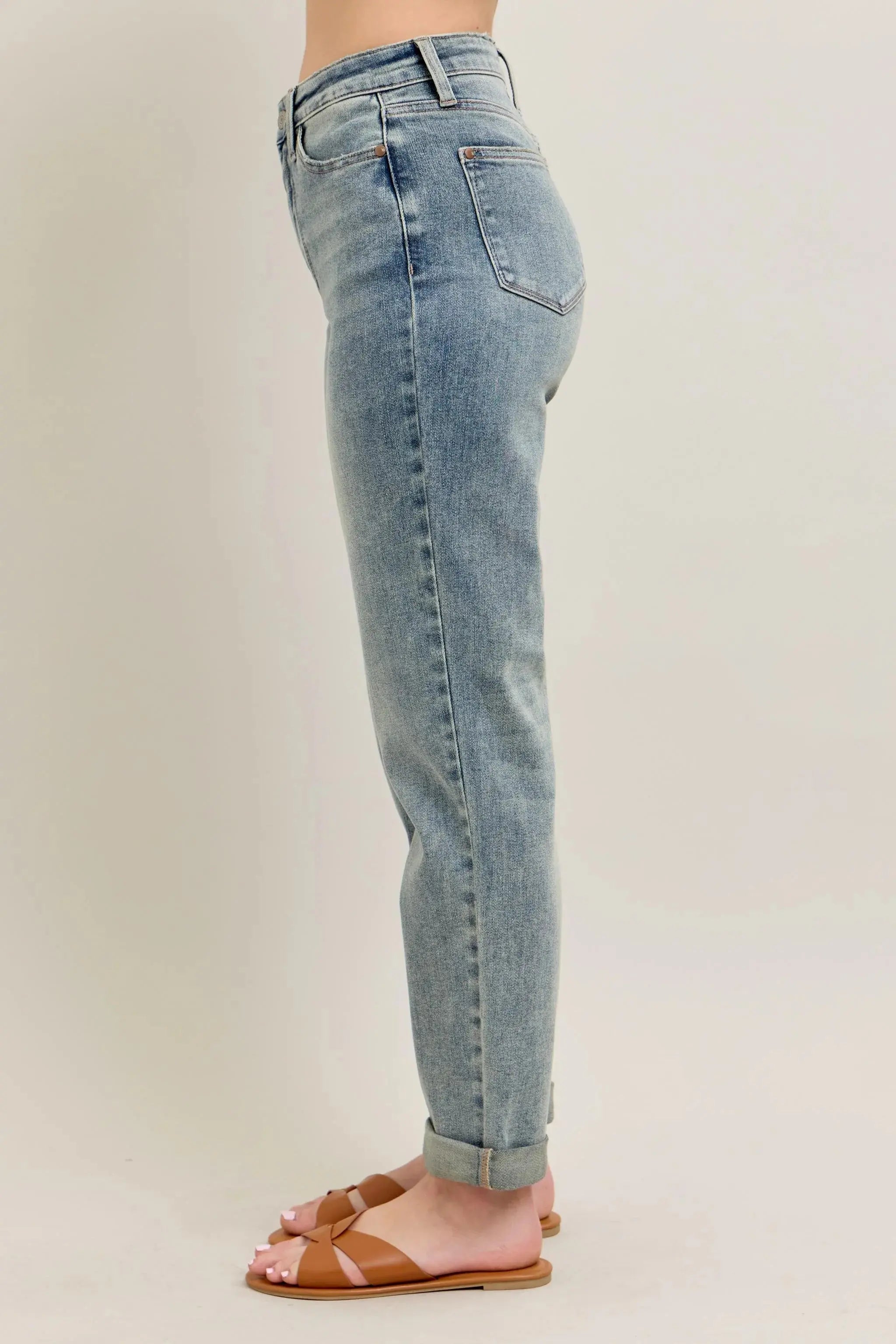 Judy Blue Jeans - Full Size High Waist Vintage Wash Double Roll Cuff Boyfriend Fit - Be Bliss Boutique