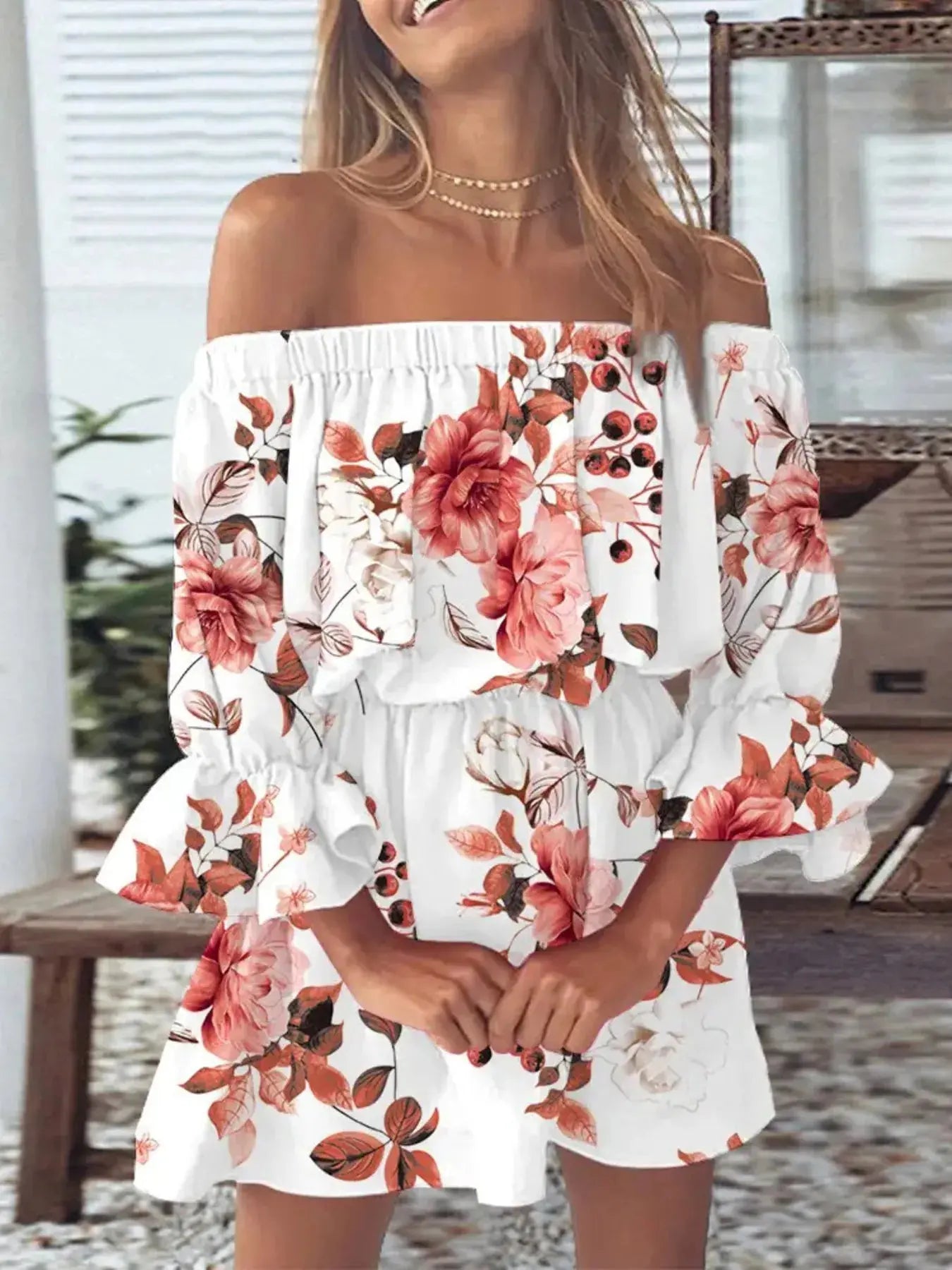 Full Size Floral Off Shoulder Mini Dress with Flounce Sleeves - Be Bliss Boutique