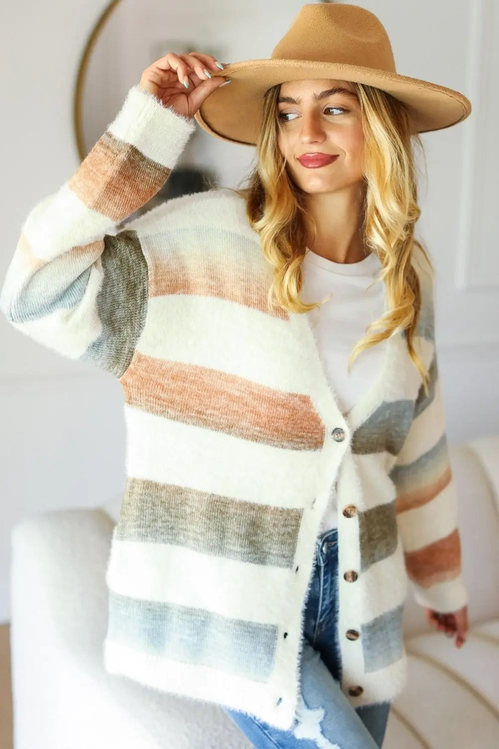 Haptics Full Size Button Down Stripe Soft Fuzzy Cardigan Sweater - Be Bliss Boutique