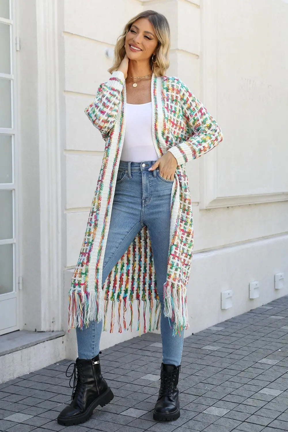 Multicolored Open Front Fringe Hem Cardigan - Be Bliss Boutique