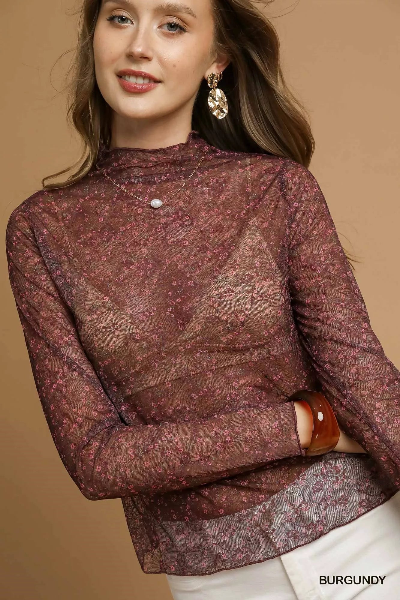 Umgee Nylon Lace Mesh Long Sleeve Top -  Be Bliss Boutique
